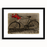 Extra large abstract art print featuring a colorful, textured depiction of bicycles on black framed canvas.