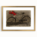 Textured art print of an abstract bicycle in gold and black tones on a framed canvas, suitable for bedroom decor.