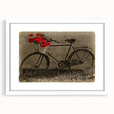 Extra large abstract art print featuring a textured bicycle design in neutral tones on a white framed canvas.