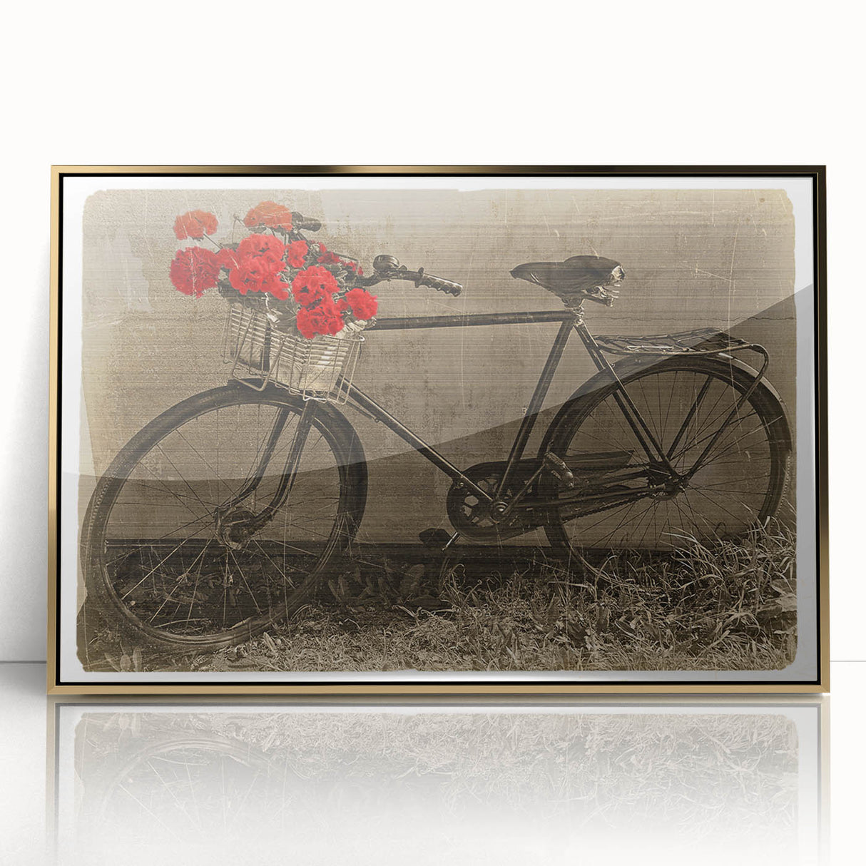 Mid-century modernist art of a bicycle, depicted in gold tones on a framed acrylic, ideal for nursery wall art.