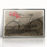 Mid-century modernist art of a bicycle in silver and gray tones, acrylic print framed, suitable for nursery wall art.