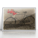 Art deco style poster of a vintage bicycle on framed acrylic, featuring muted pastel colors, ideal for nursery wall art.