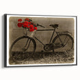 Black and white vintage poster art of a bicycle on framed canvas, ideal for bedroom wall décor.