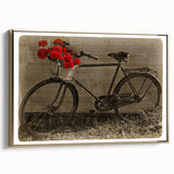 Framed canvas of a vintage bicycle in black and gold, ideal for bedroom wall art.