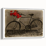 Vintage poster art of a bicycle on a white framed canvas, featuring black and colorful art.