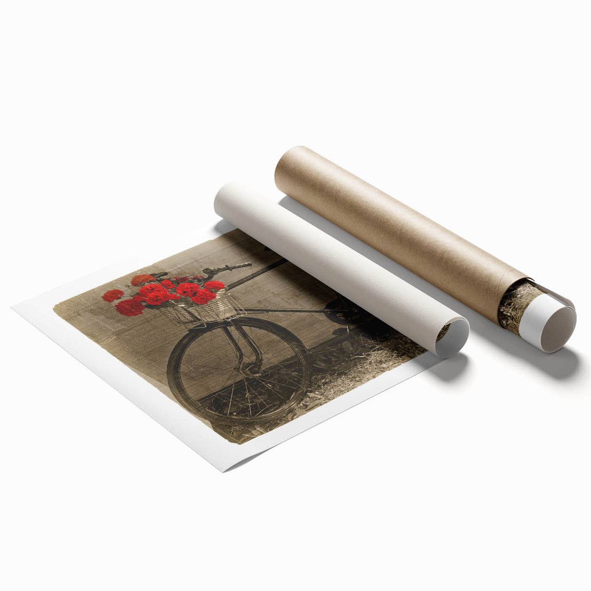 Extra large rolled print featuring a vintage bicycle with floral accents in soft pastel tones.
