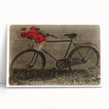 Black and white photograph of a vintage bicycle on stretched canvas, ideal for kitchen wall art.
