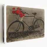 Side view of a vintage bicycle on a stretched canvas with muted brown and cream tones, suitable for kitchen wall art.