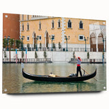 Acrylic print of a gondola on a serene waterway in muted blue and gray tones, suitable for bedroom or dining room wall art.