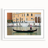 Extra large abstract art print of a gondola on textured canvas, using muted earth tones, framed in white.