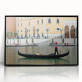 Framed acrylic print featuring a large abstract depiction of a gondola on water, in muted blue and grey tones.