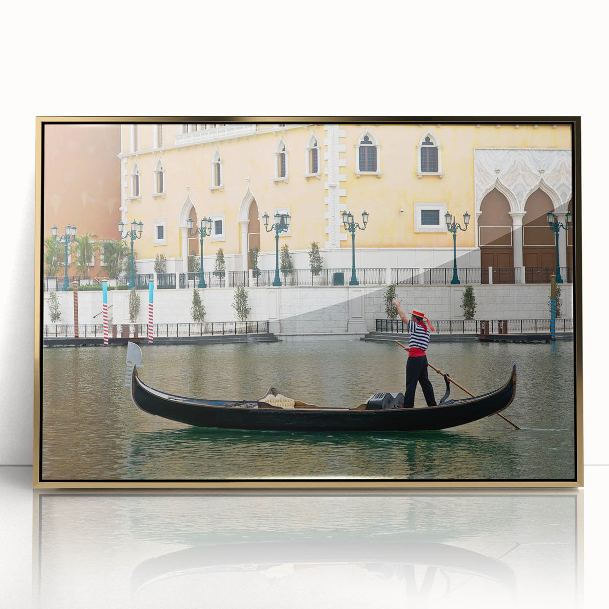Mid-century modernist art depicting a gondola in muted earth tones, framed in gold acrylic, suitable for nursery wall art.