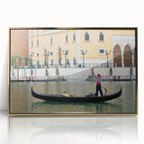 Mid-century modernist art depicting a gondola in muted earth tones, framed in gold acrylic, suitable for nursery wall art.