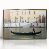 Art deco poster of a silver-framed acrylic print featuring a gondola on water, ideal for nursery wall art.