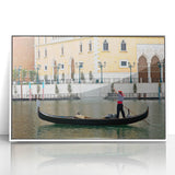 Framed acrylic print of a Venetian gondola in grayscale, ideal for modern art wall decor.
