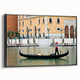 Black and white framed canvas depicting a vintage gondola on calm waters, ideal for bedroom wall art.