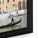 Extra large framed canvas featuring a textured black gondola on colorful, abstract waters, ideal for living room decor.