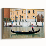 Framed canvas depicting a vintage-style gondola on a canal, utilizing a black and colorful palette.