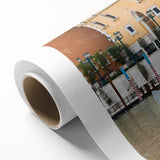 Art deco poster of a gondola on water in muted blues and grays on rolled canvas, ideal for nursery wall art.