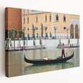 Venetian gondola on calm water, depicted in muted earth tones on a large stretched canvas, suitable for kitchen wall art.