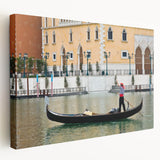 Venetian gondola on calm water, depicted in muted earth tones on a large stretched canvas, suitable for kitchen wall art.