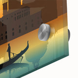 Acrylic print of a mid-century modernist gondola on a muted blue and gray backdrop, ideal for dining room art.