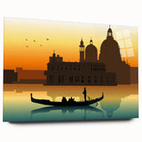 Acrylic print of a gondola on a serene waterway in muted blue and gray tones, suitable for bedroom or dining room art.