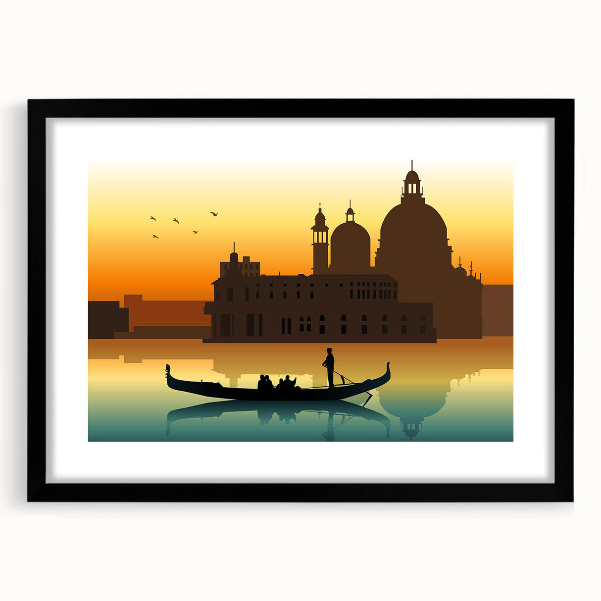 Abstract art print of a colorful gondola on textured canvas, framed in black.