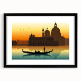 Abstract art print of a colorful gondola on textured canvas, framed in black.