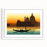 Extra large abstract art print of a gondola on water, in muted blue and white tones, framed with a white mat.