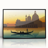 Large abstract wall art of a gondola on water in muted blue and gray, framed acrylic print.