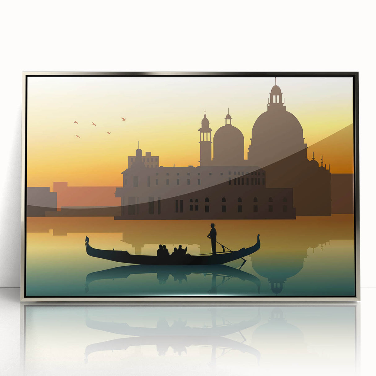 Art deco style poster of a silver-framed acrylic print depicting a gondola on water, in muted blue and gray tones.