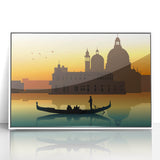 Acrylic print of a gondola on calm water, in muted blue and gray tones, styled in mid-century modernist design.