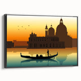 Framed canvas of a black and white gondola on a serene waterway, ideal for bedroom wall art in a vintage poster style.