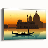 Vintage poster art of a gondola on water, framed canvas in silver, featuring vibrant colors, ideal for living room decor.