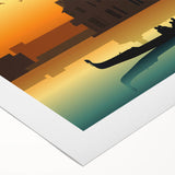 Art deco poster of a gondola on calm waters, using muted blue and gray tones on rolled canvas.