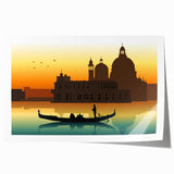 A gondola floating on calm waters, depicted in soothing blue and gray tones on a rolled canvas print.