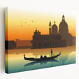 Venetian gondola on calm water, depicted in muted blue and gray tones on a large stretched canvas.