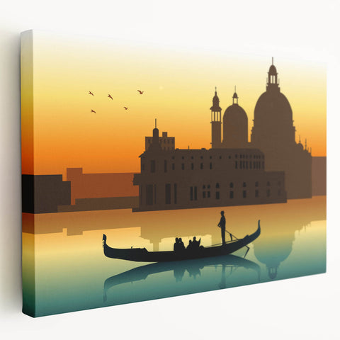 Venetian gondola on calm water, depicted in muted blue and gray tones on a large stretched canvas.