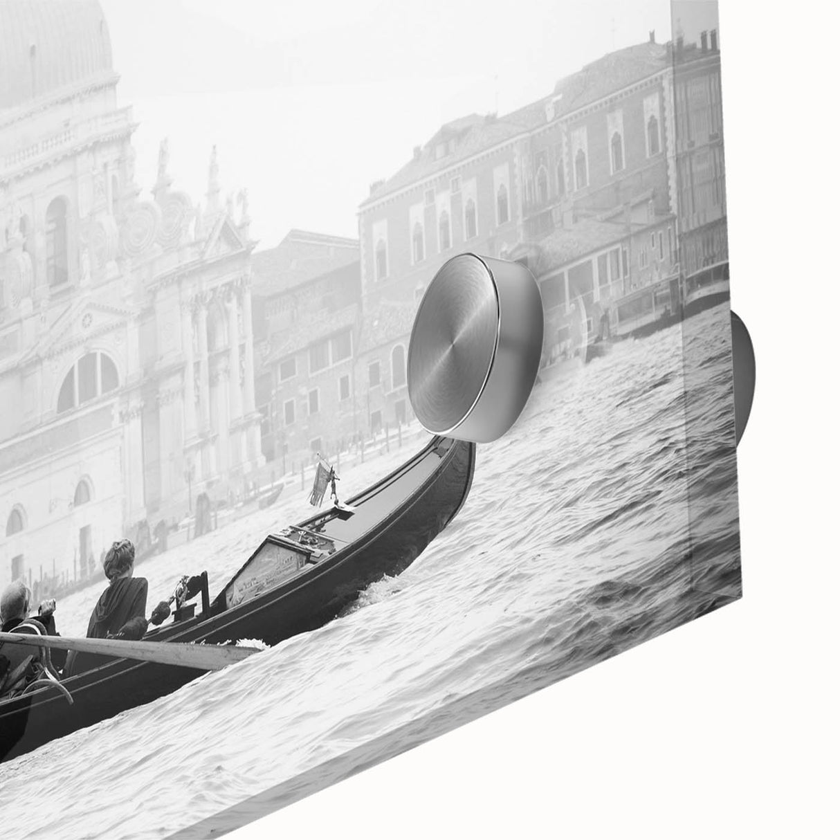 Acrylic print of a large abstract gondola on water in mid-century modernist style, using muted blue and gray tones.