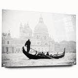 Acrylic print of a gondola on a canal, featuring muted blue and gray tones, ideal for bedroom or dining room decor.