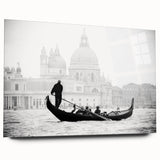 Acrylic print of a large abstract gondola on water in muted blue and gray tones, suitable for bedroom or dining room decor.