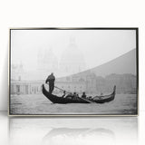 Art deco style poster of a gondola on water in muted blue and silver tones, framed acrylic.