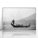 Mid-century modernist style gondola on a canal, in muted blue and gray tones, framed acrylic print.