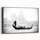 Black and white framed canvas featuring a vintage-style gondola landscape, ideal for bedroom wall decor.