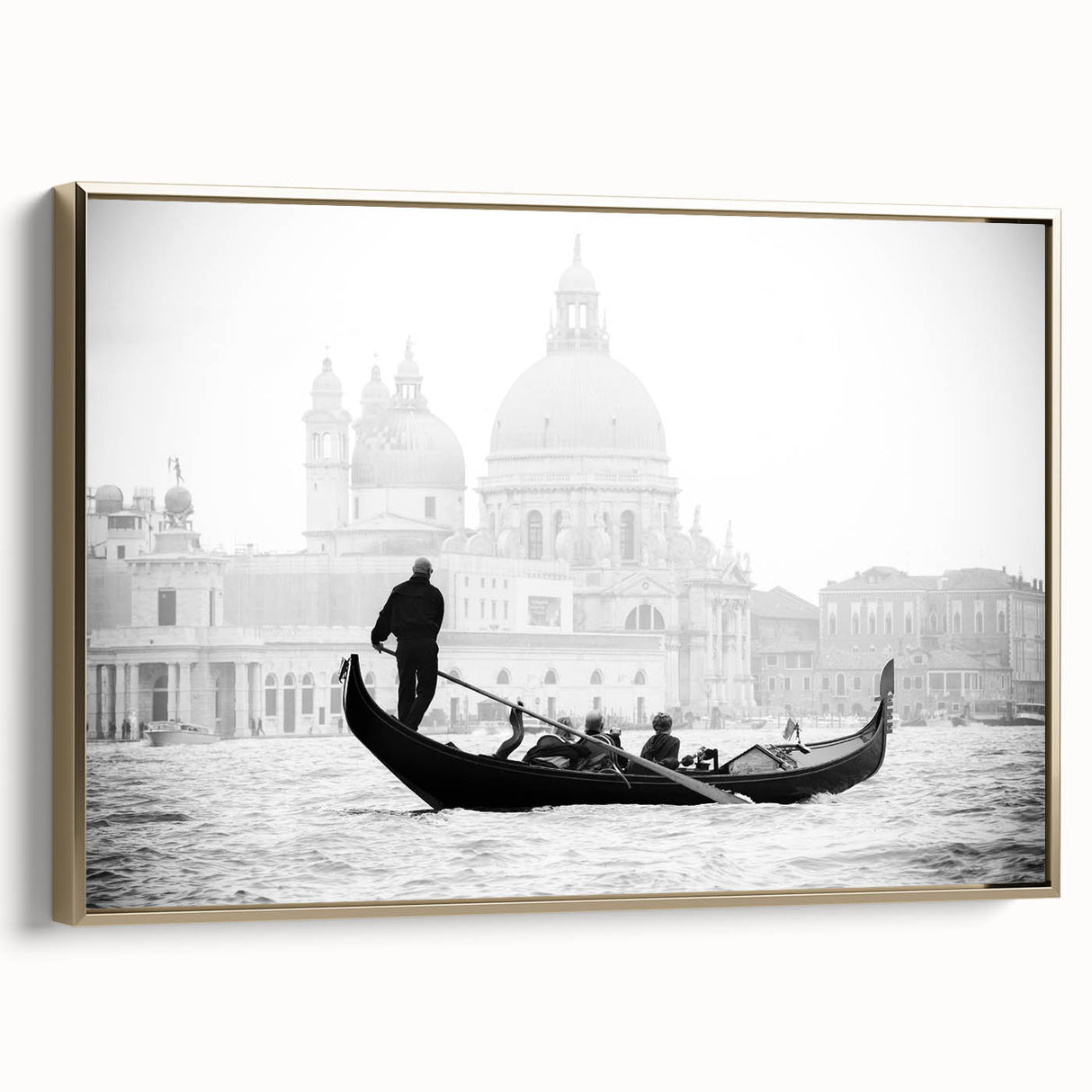 Framed canvas of a vintage gondola on a canal, featuring a black and colorful art palette.