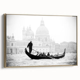 Framed canvas of a vintage gondola on a canal, featuring a black and colorful art palette.