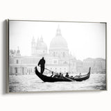 Vintage poster art of a gondola on water, framed canvas in silver, with a black and colorful palette.