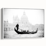 Framed canvas of a vintage gondola scene in black and white, ideal for bedroom wall decor.