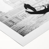 Art deco poster of a gondola on calm waters in muted blue and gray, printed on rolled canvas, suitable for dining room decor.